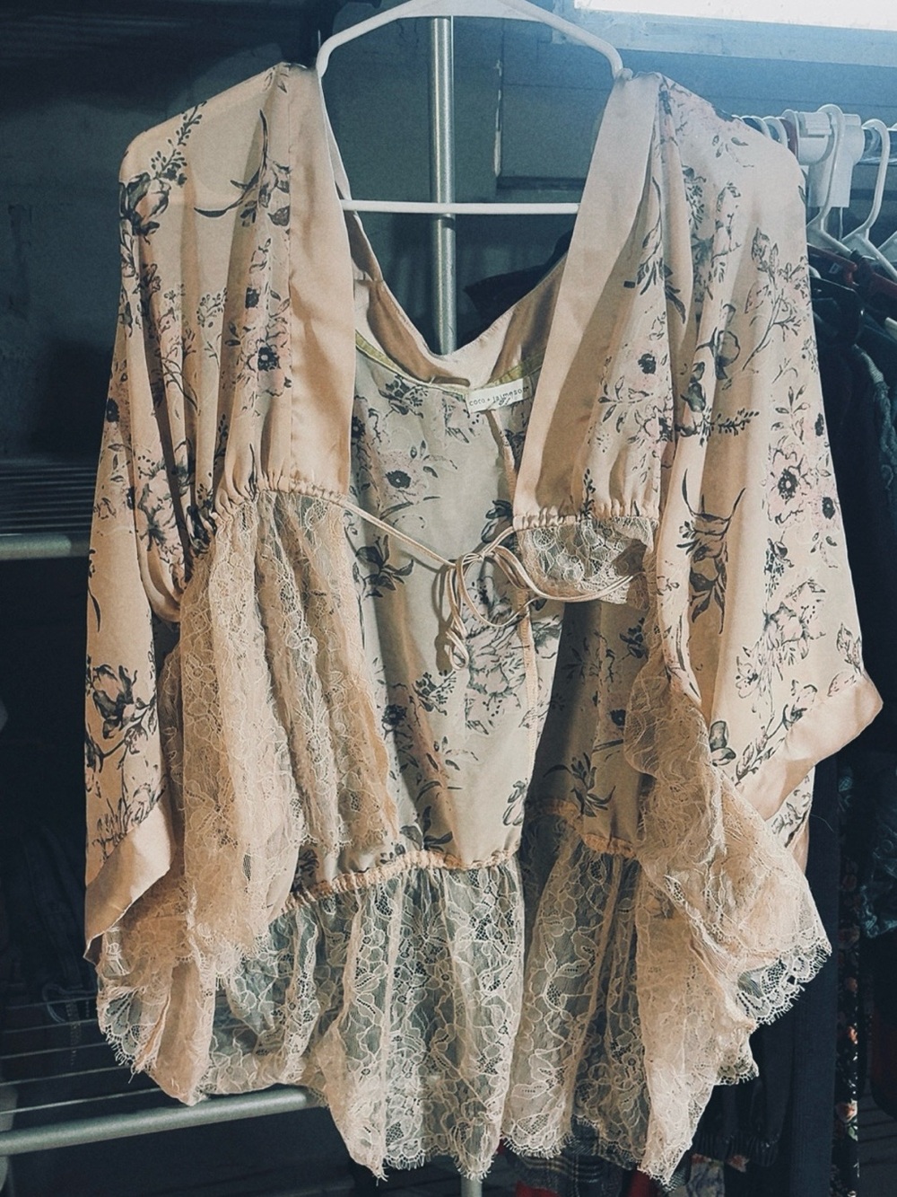 Women's Floral Lace-Trim Blush Tunic with Tie Front
